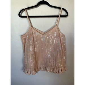Anthropologie | Peach Color Spaghetti Strap Iridescent Sequin Ruffle Top Size 6